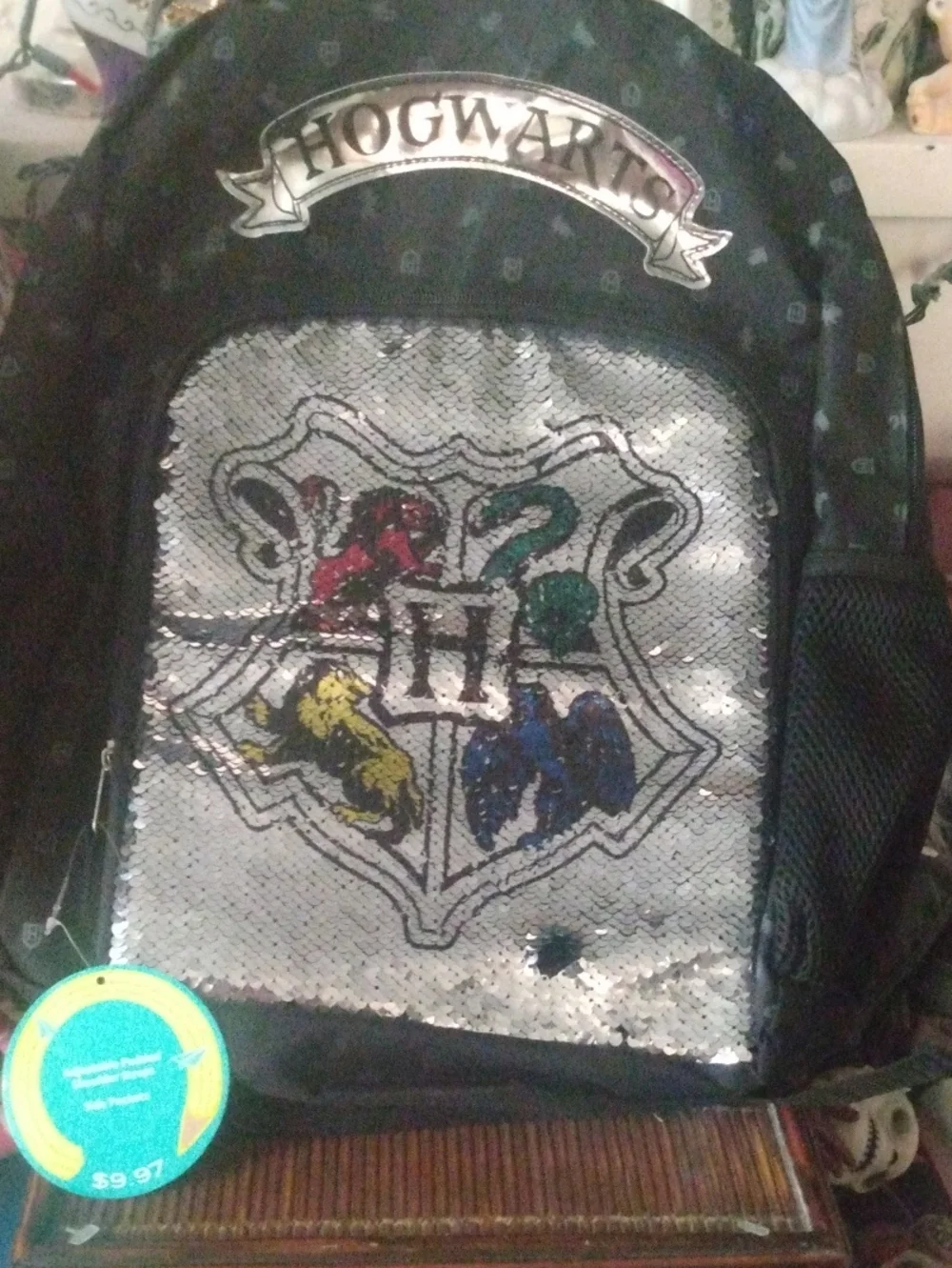 Hogwarts Sequin Black Backpack - Reversible Silver Crest